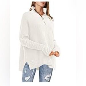 ANRABESS White Sweaters for Women Trendy Oversized Quarter Zip V Neck
